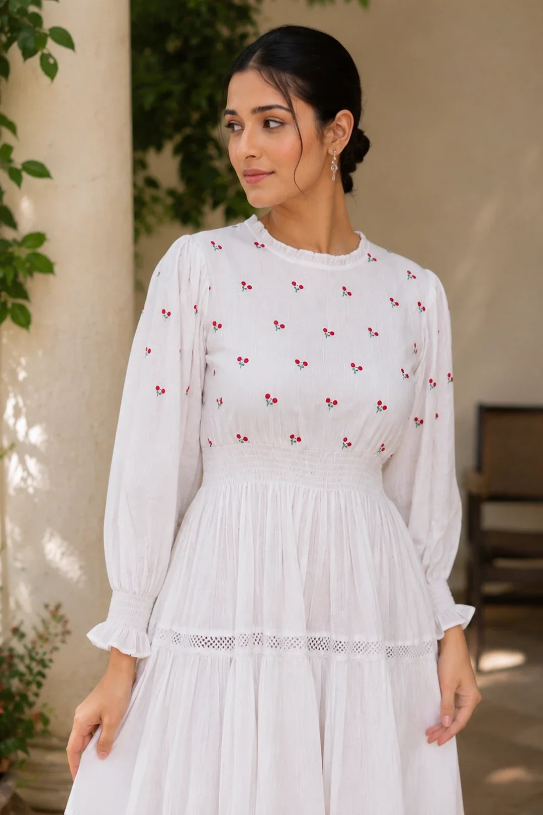 Radiant Meadows Off-White Cotton Kantha Tiered Dress