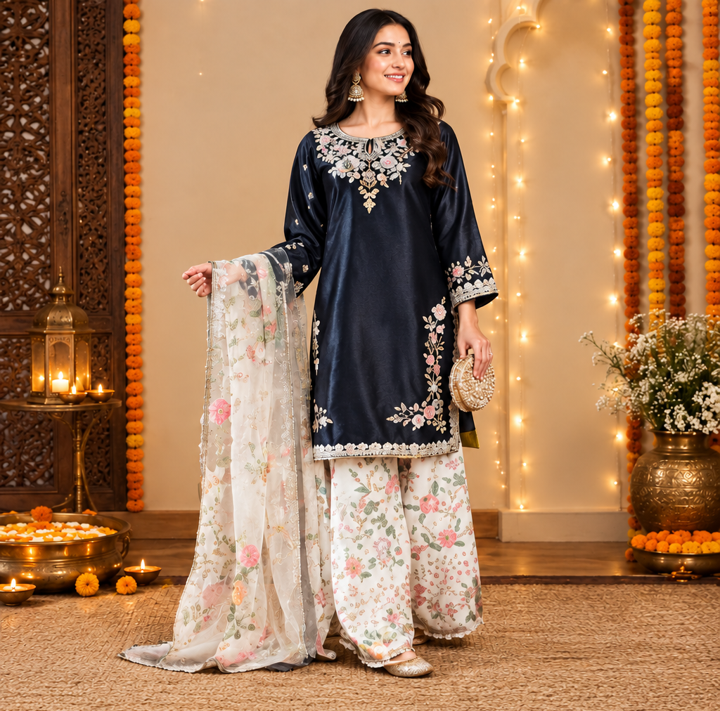Navy Blue Embroidered Kurta Set with Printed Palazzo & Organza Dupatta | Diwali Festive Collection