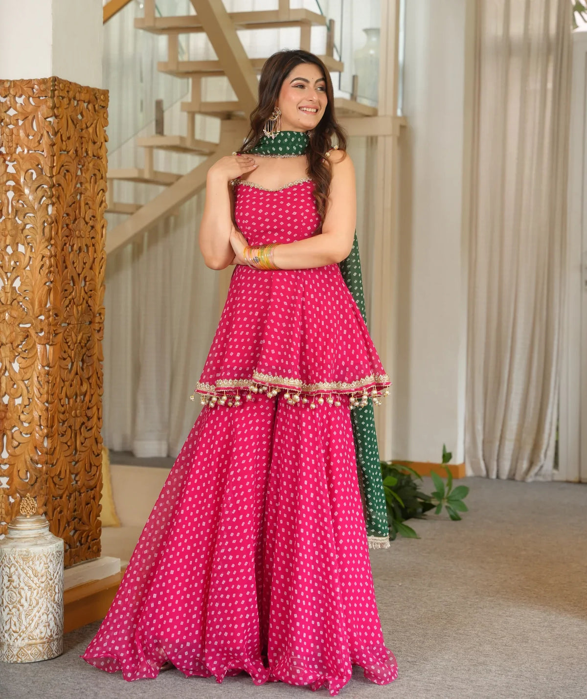Pink Printed Georgette Palazzo Suit Set with Green Dupatta | Gulaal Jaipur