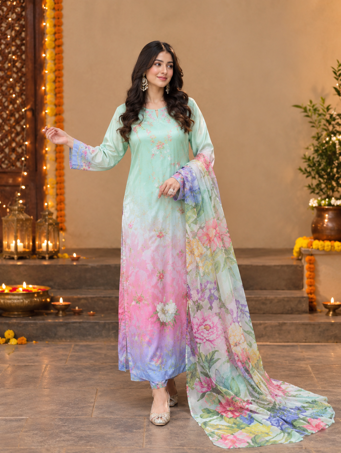 Pastel Bloom – Floral Elegance Festive Suit Set