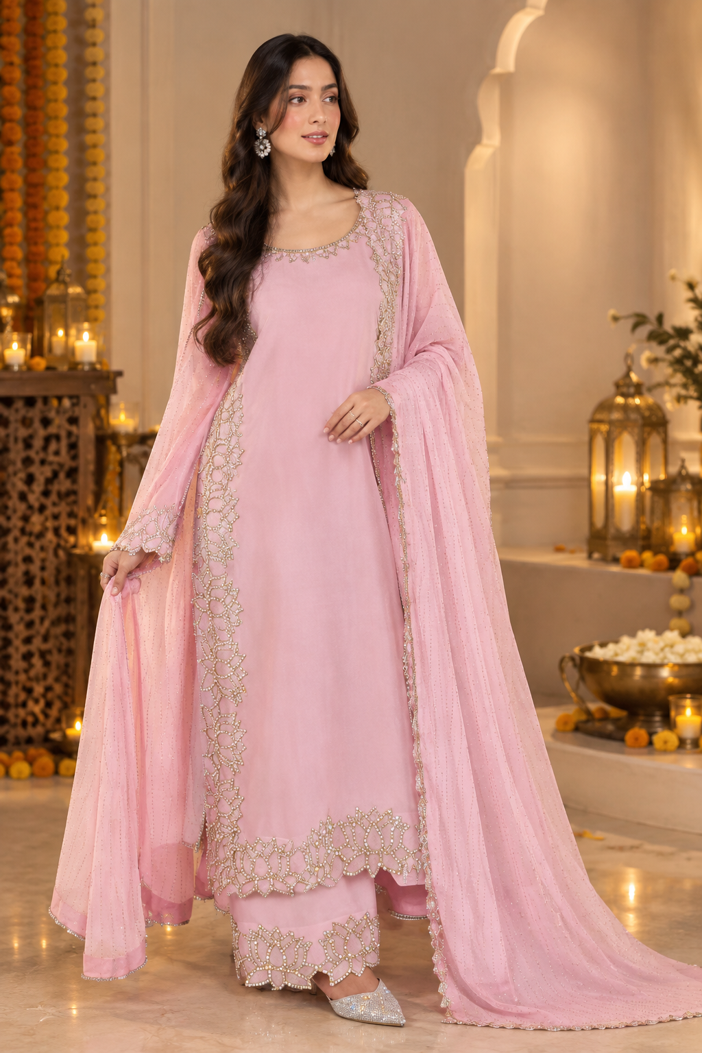 Blush Pink Lotus Embroidered Festive Suit Set