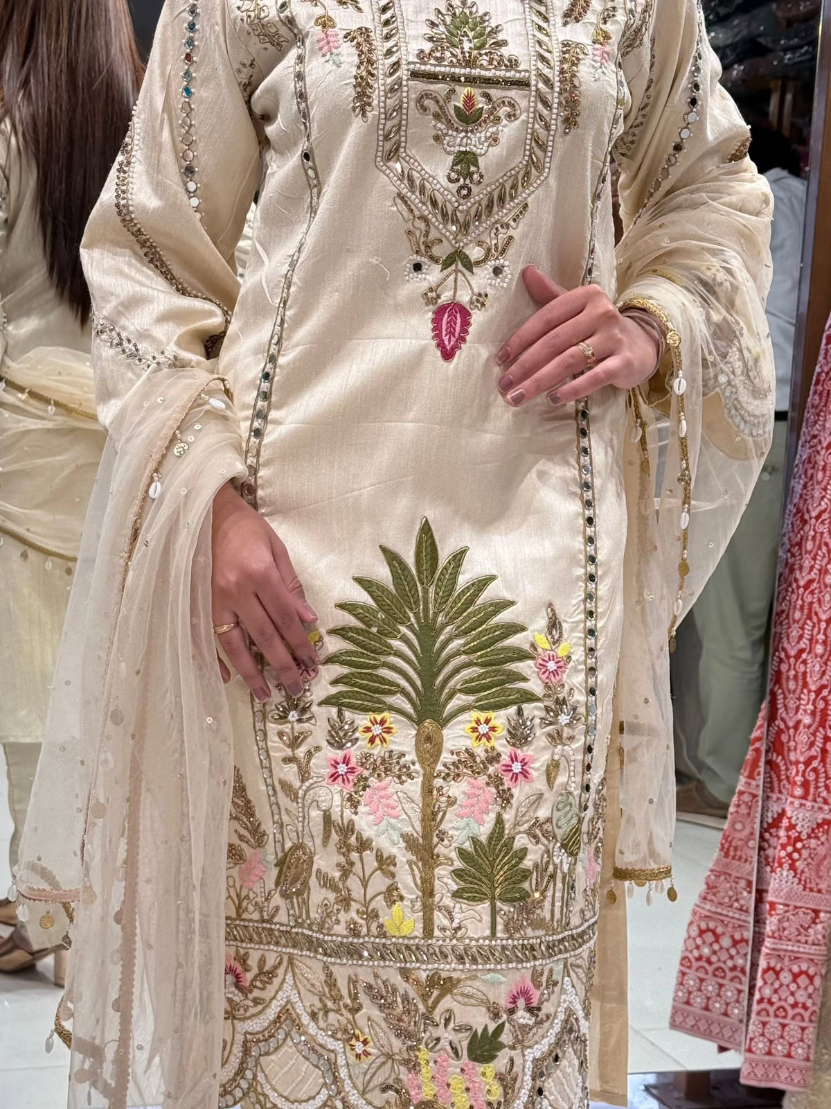 Maharani Ivory Embroidered Kurta Set with Tassel Dupatta | Gulaal Jaipur