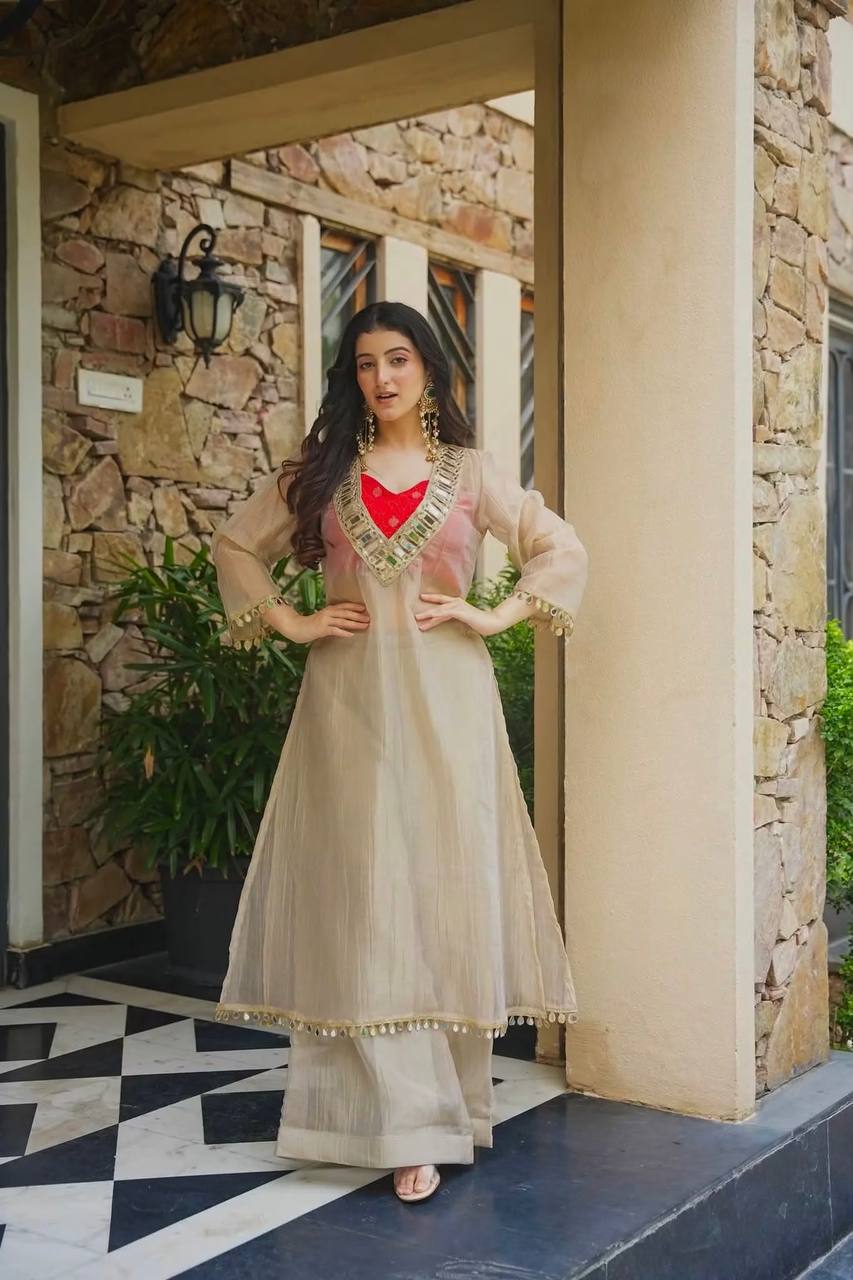 Ivory Anarkali Kurta and Palazzo Set with Embroidered Neckline | Gulaal Jaipur