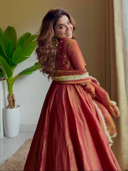 Rust Silk Embroidered Anarkali Suit Set with Dupatta | Gulaal Jaipur