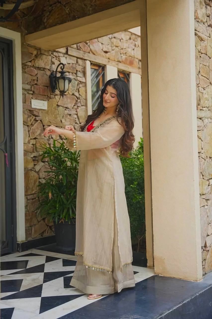 Ivory Anarkali Kurta and Palazzo Set with Embroidered Neckline | Gulaal Jaipur