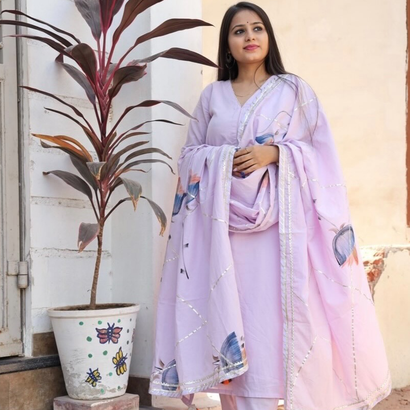 Lilac Handpainted Dupatta Suit Set (Set of 3)