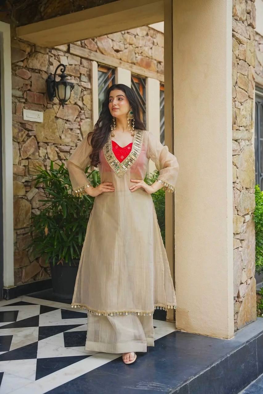 Ivory Anarkali Kurta and Palazzo Set with Embroidered Neckline | Gulaal Jaipur