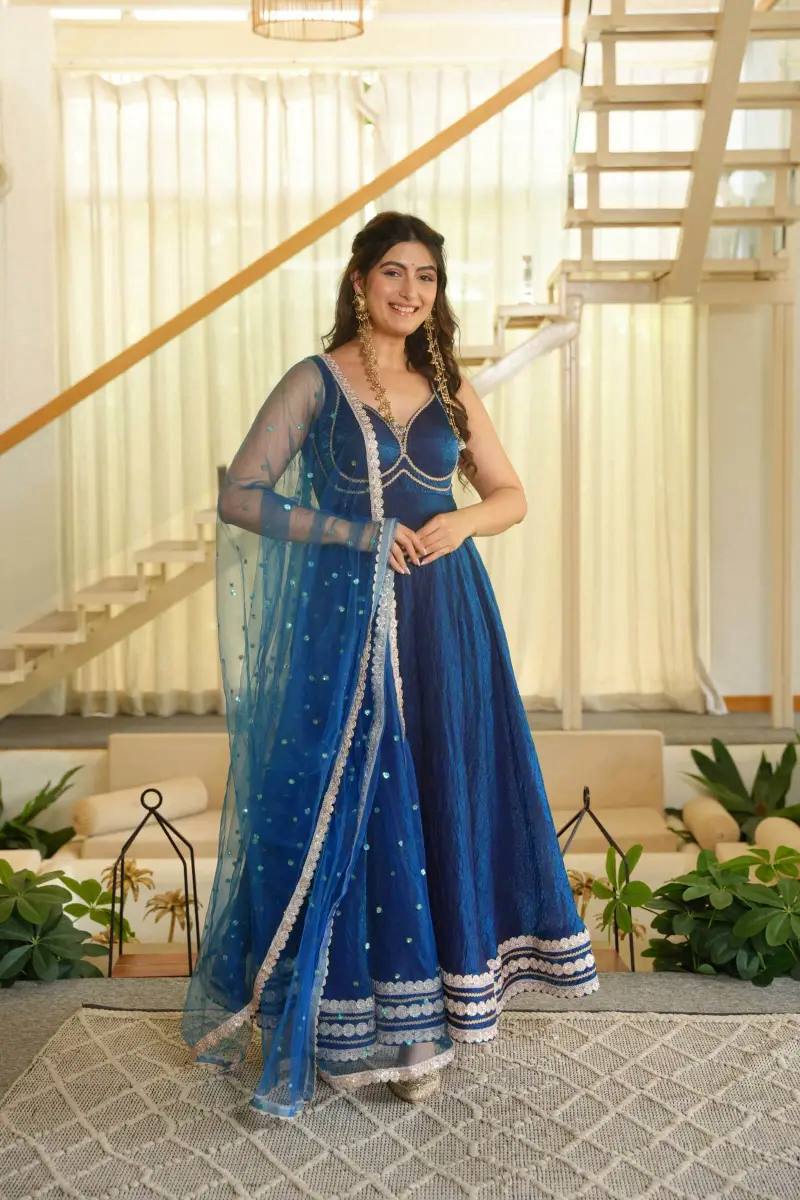 Royal Blue Embroidered Anarkali Suit Set with Dupatta | Gulaal Jaipur