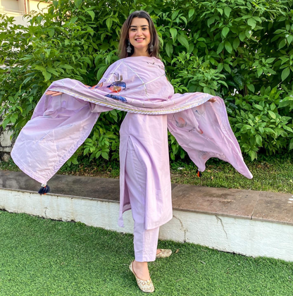 Lilac Handpainted Dupatta Suit Set (Set of 3)
