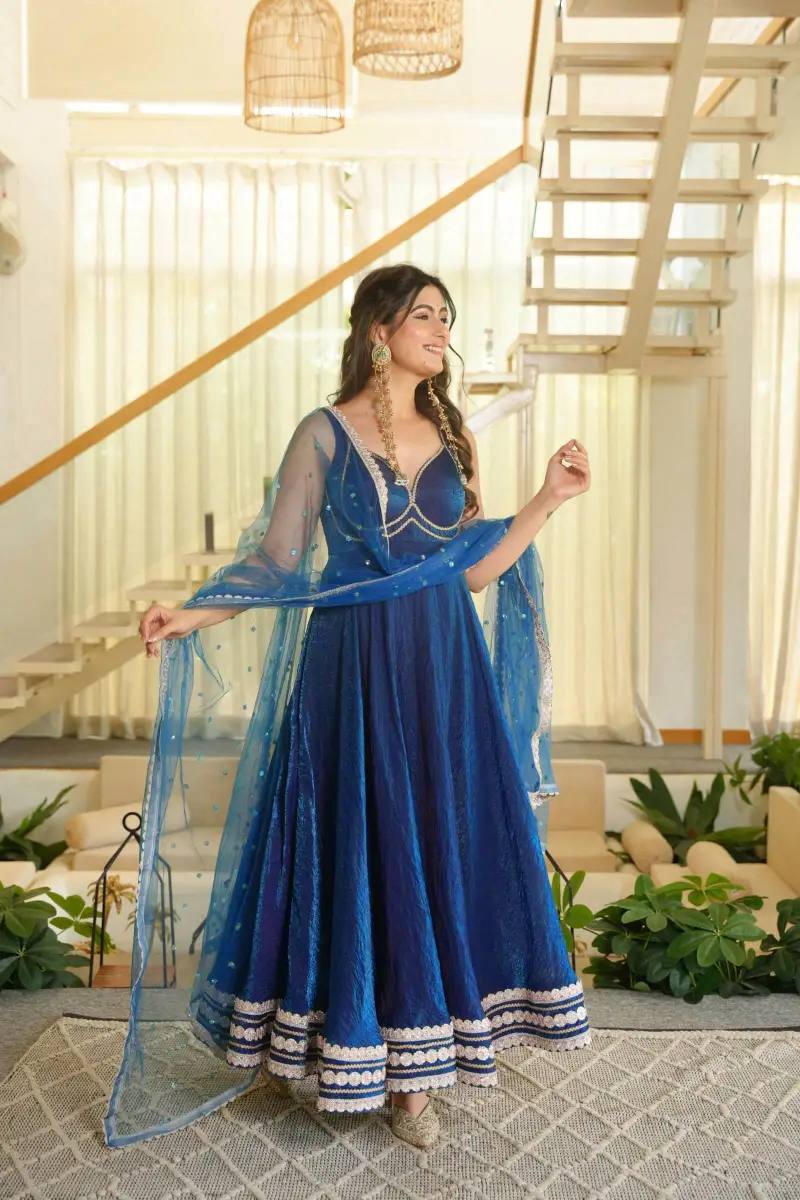 Royal Blue Embroidered Anarkali Suit Set with Dupatta | Gulaal Jaipur