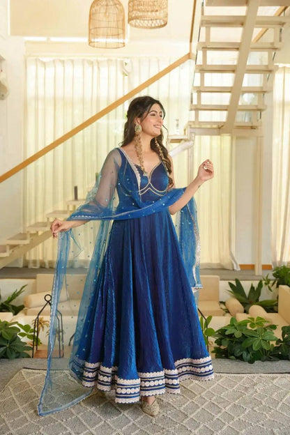 Royal Blue Embroidered Anarkali Suit Set with Dupatta | Gulaal Jaipur