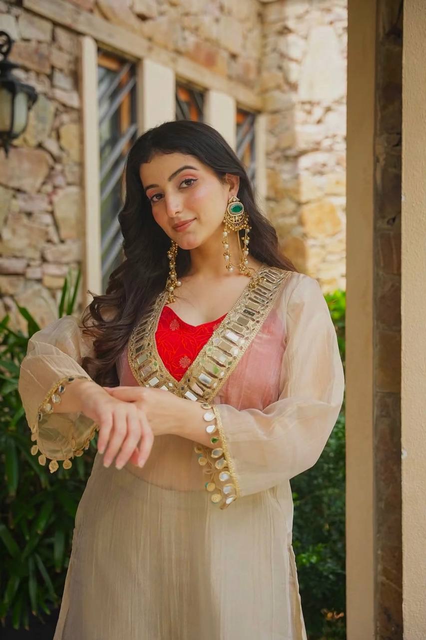 Ivory Anarkali Kurta and Palazzo Set with Embroidered Neckline | Gulaal Jaipur
