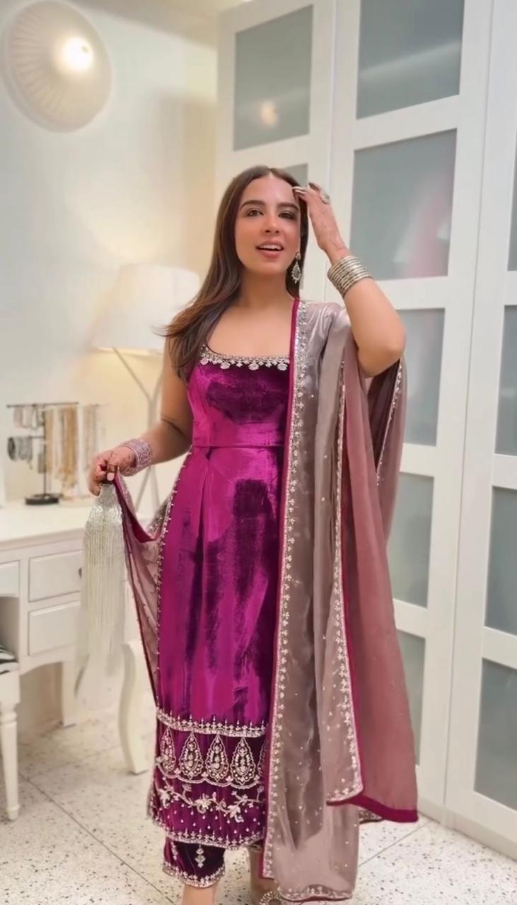 Royal Plum Velvet Embroidered Kurta Set | Gulaal Jaipur