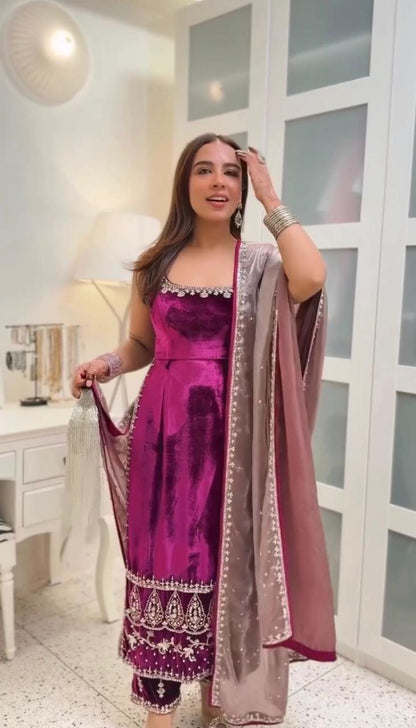 Royal Plum Velvet Embroidered Kurta Set | Gulaal Jaipur