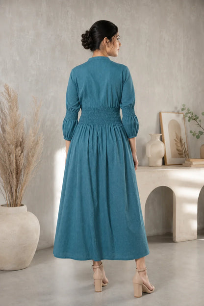 Prussian Blue Cotton Kantha Comfy Dress