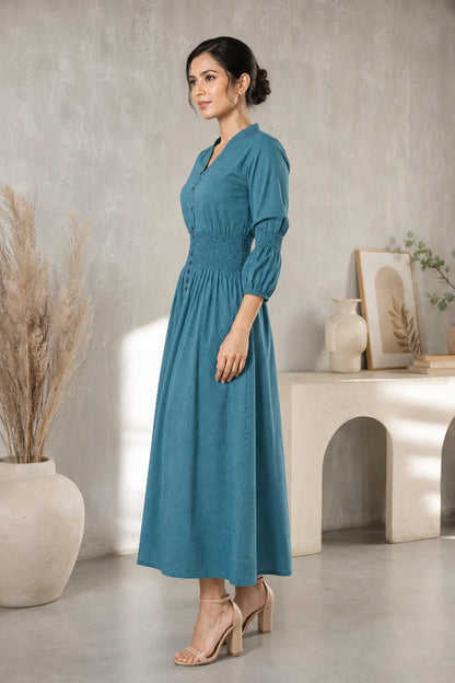 Prussian Blue Cotton Kantha Comfy Dress