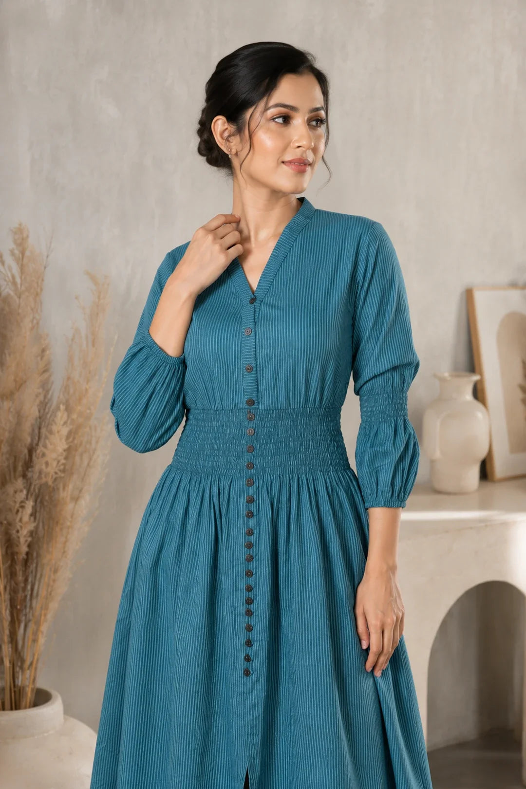 Prussian Blue Cotton Kantha Comfy Dress