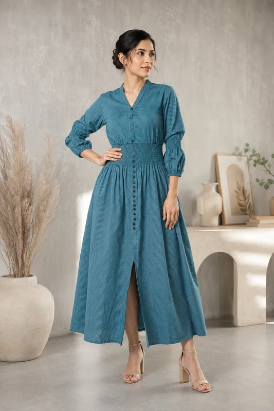 Prussian Blue Cotton Kantha Comfy Dress