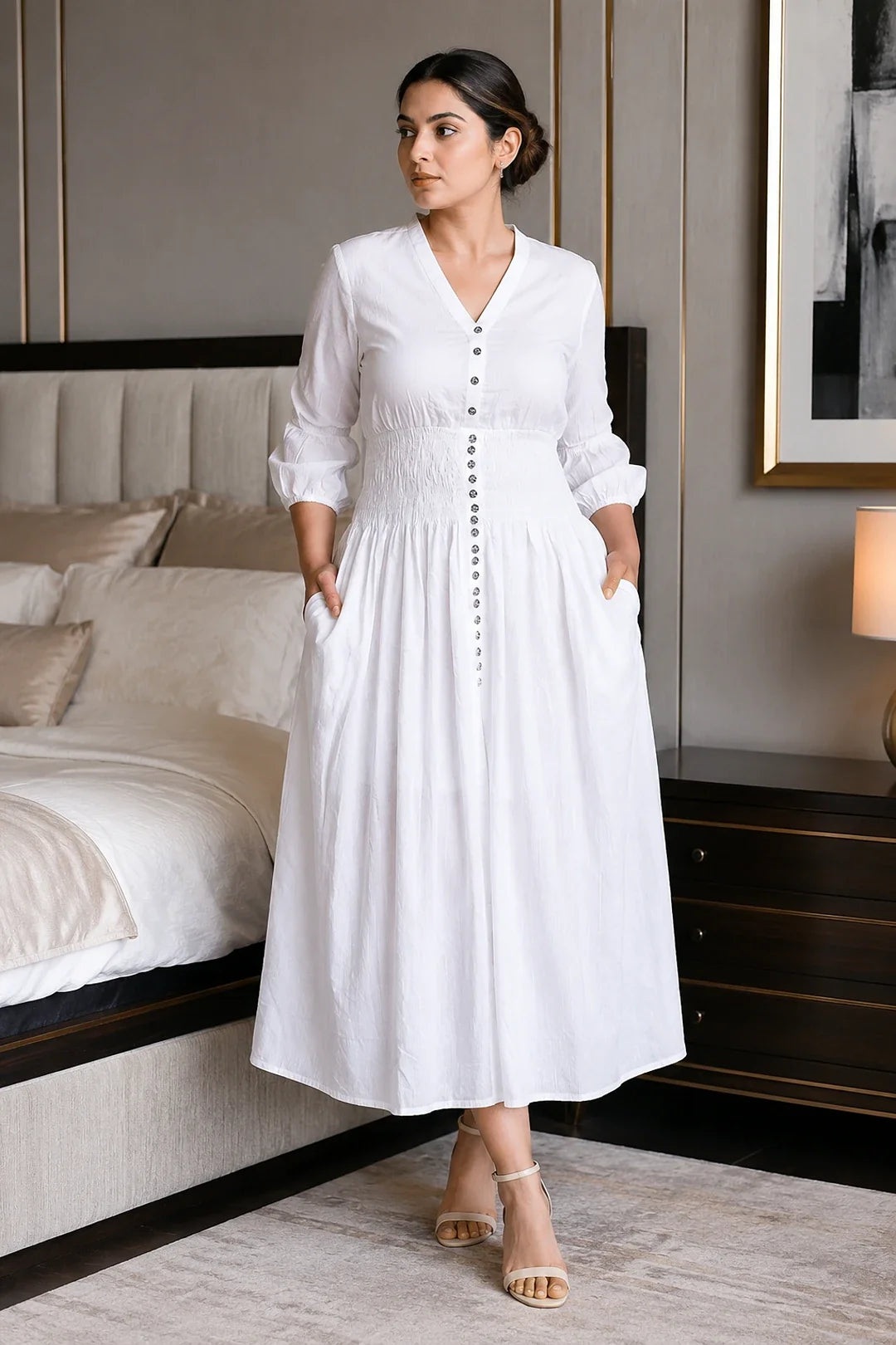 Off-White Cotton Kantha Comfy Dress