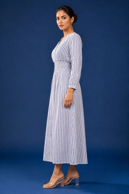 Blue Printed Striped Cotton Comfy Dress