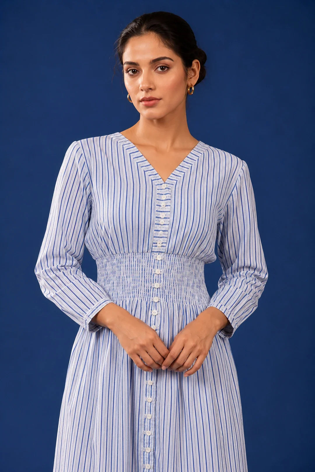 Blue Printed Striped Cotton Comfy Dress