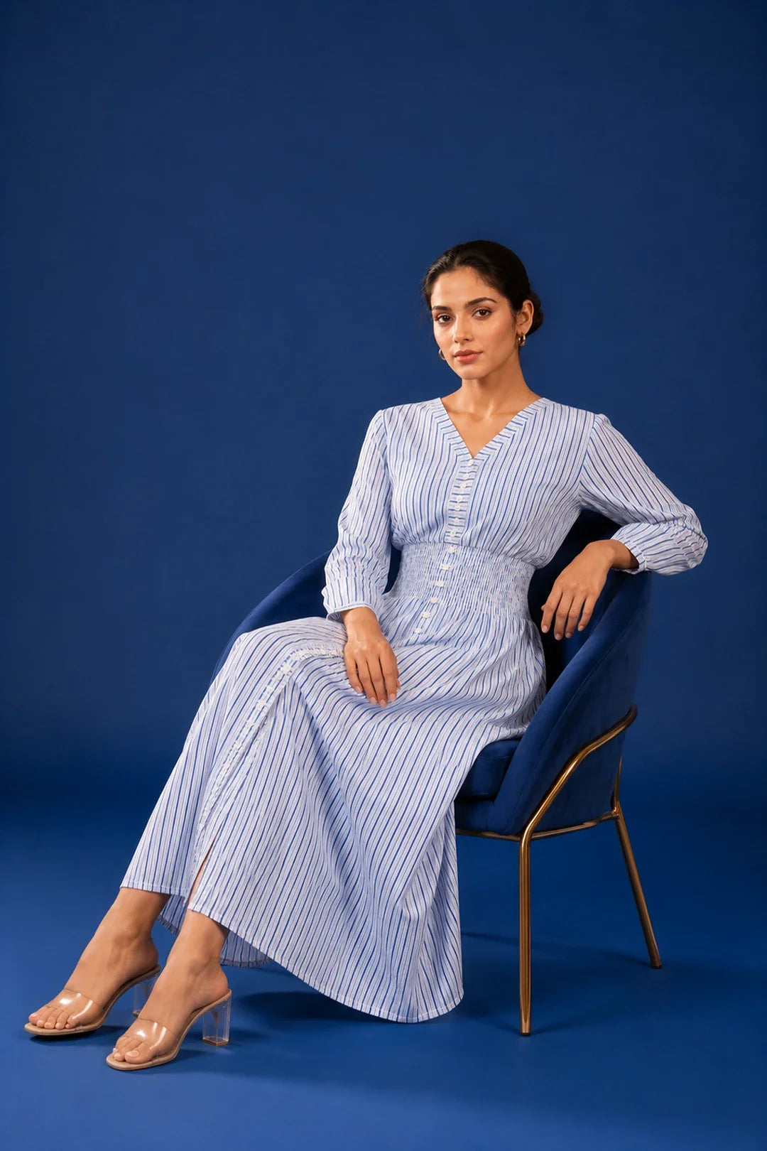 Blue Printed Striped Cotton Comfy Dress