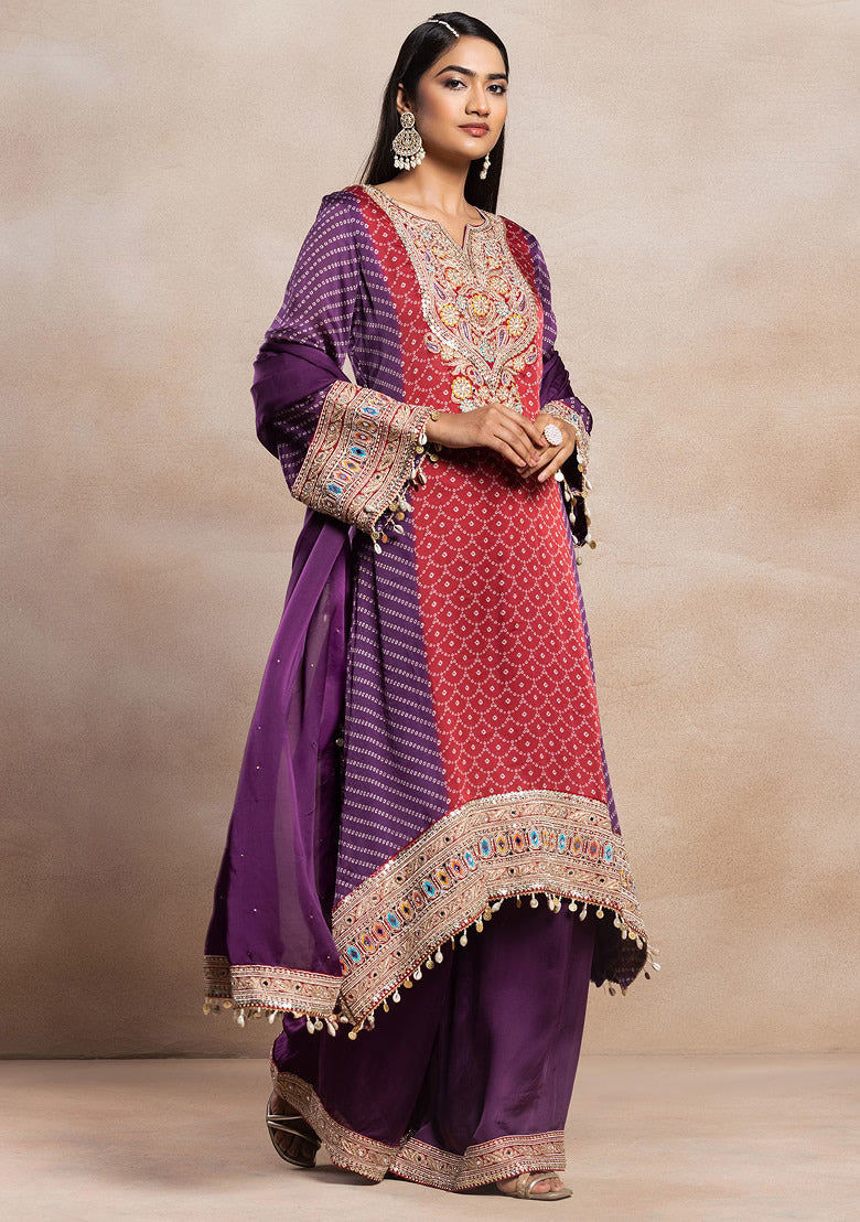 Rangrez Red and Purple Bandhani Kurta Palazzo Set | Gulaal Jaipur