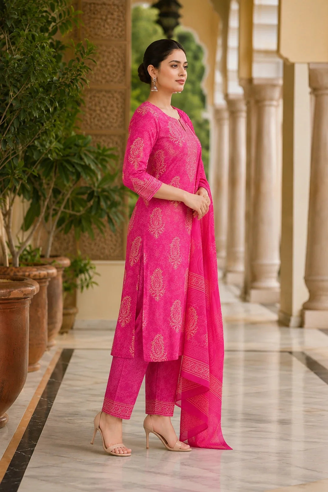 Abhati Block Printed Kurta-Pants & Dupatta Set