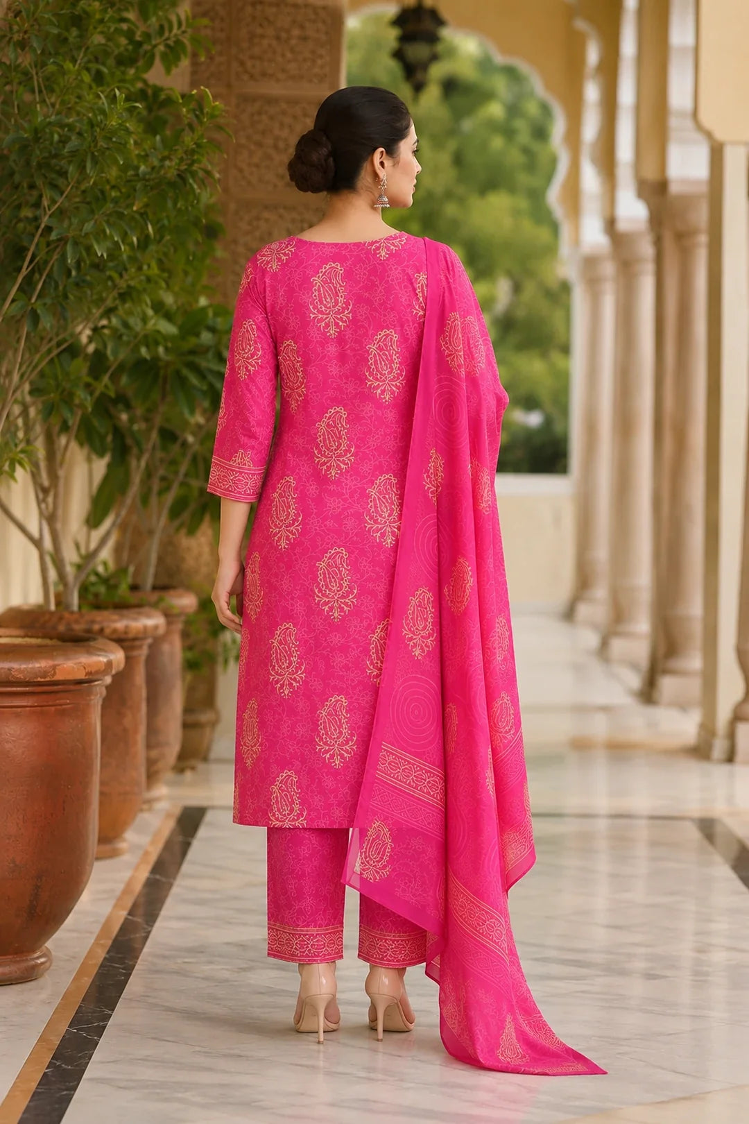 Abhati Block Printed Kurta-Pants & Dupatta Set