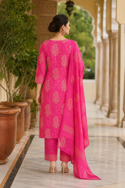 Abhati Block Printed Kurta-Pants & Dupatta Set