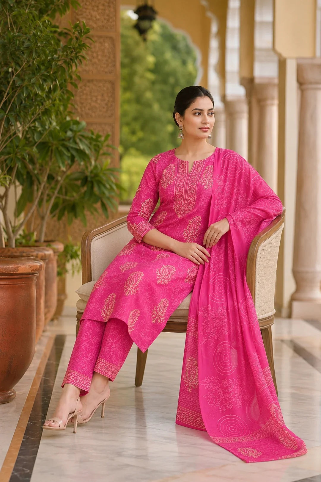 Abhati Block Printed Kurta-Pants & Dupatta Set