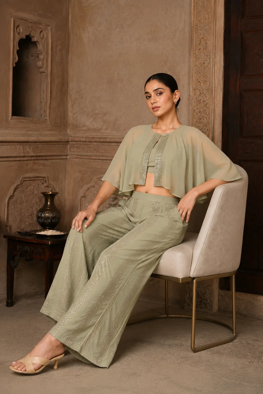 Dipta Sage Grey Sequin Georgette Co-Ord Set