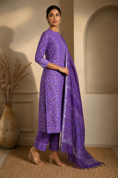 Aarya Block Printed Kurta-Pants & Dupatta Set