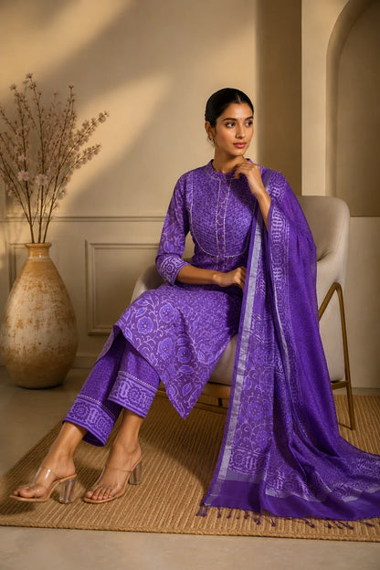 Aarya Block Printed Kurta-Pants & Dupatta Set