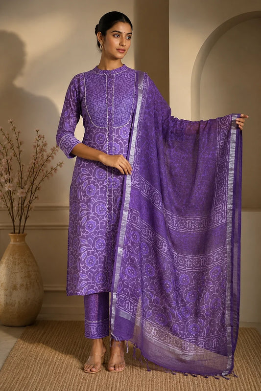 Aarya Block Printed Kurta-Pants & Dupatta Set