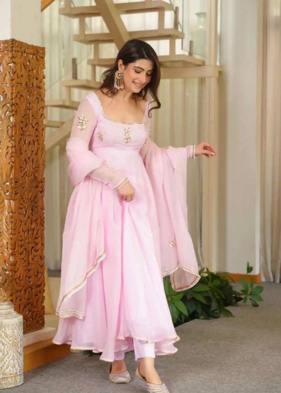 Nisha Baby Pink Embroidered Anarkali Suit Set with Dupatta | Gulaal Jaipur