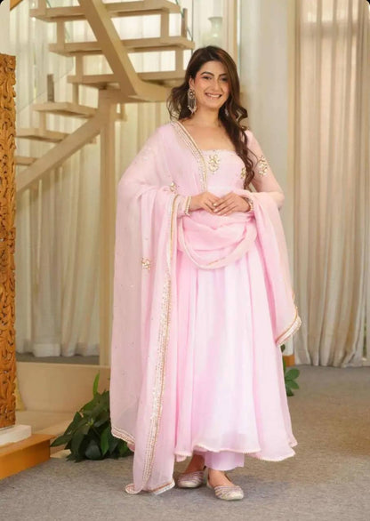Nisha Baby Pink Embroidered Anarkali Suit Set with Dupatta | Gulaal Jaipur