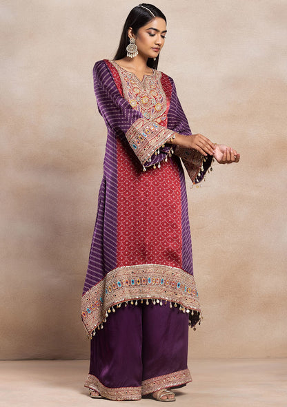 Rangrez Red and Purple Bandhani Kurta Palazzo Set | Gulaal Jaipur