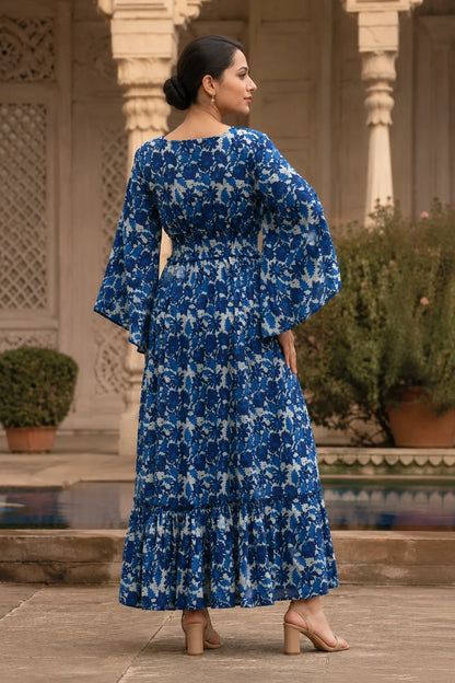 Floral Navy-Blue Printed Flared Dress