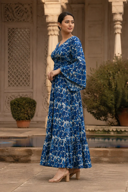 Floral Navy-Blue Printed Flared Dress