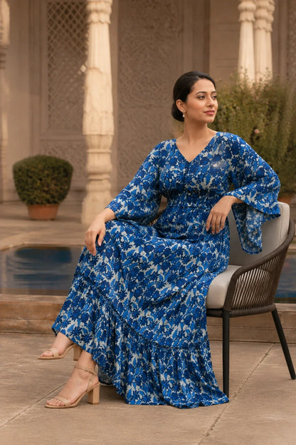 Floral Navy-Blue Printed Flared Dress