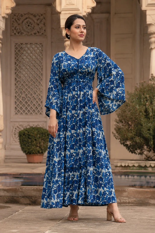 Floral Navy-Blue Printed Flared Dress
