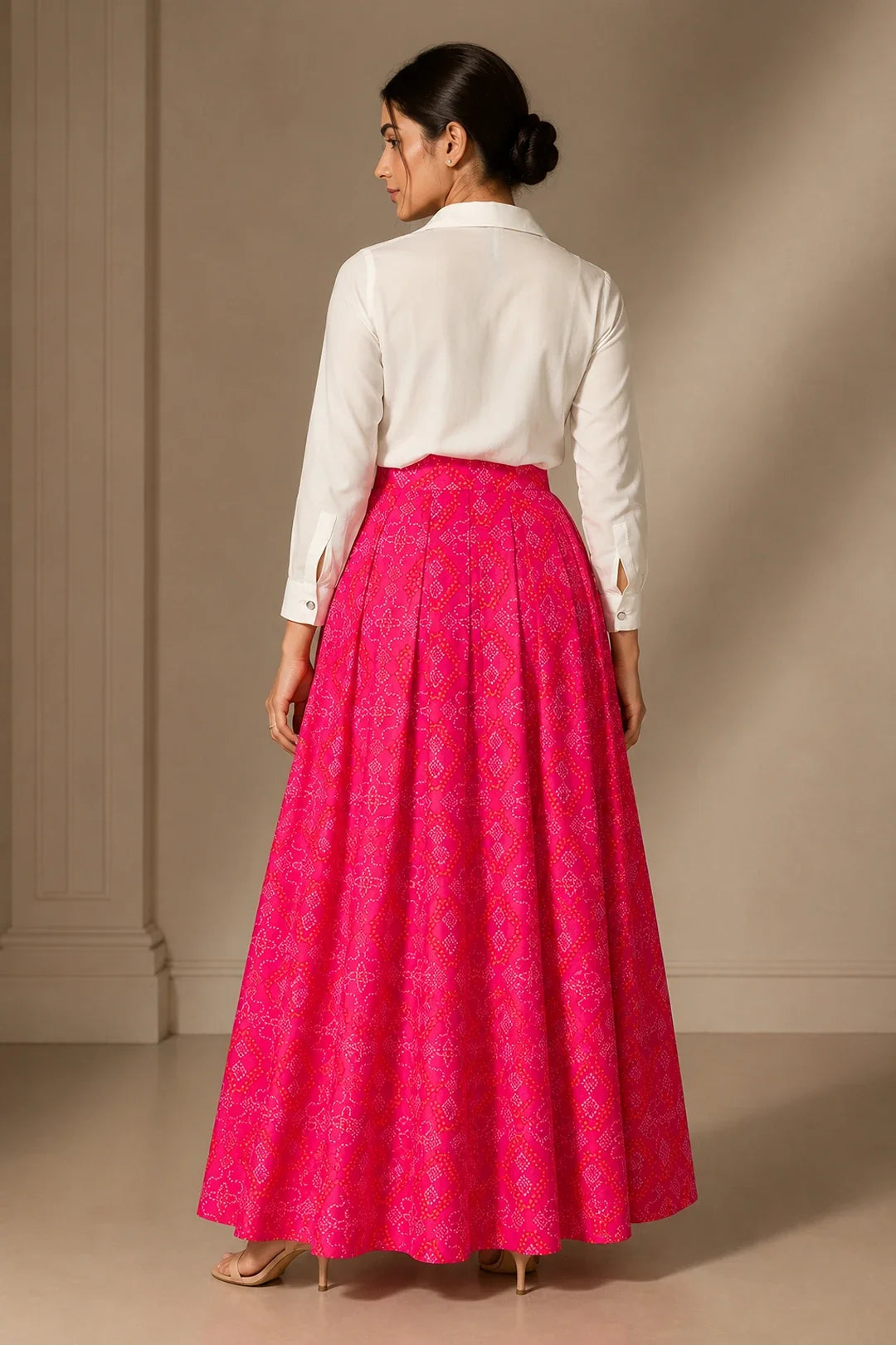 Laasya White Shirt & Printed Bandhani Skirt Set