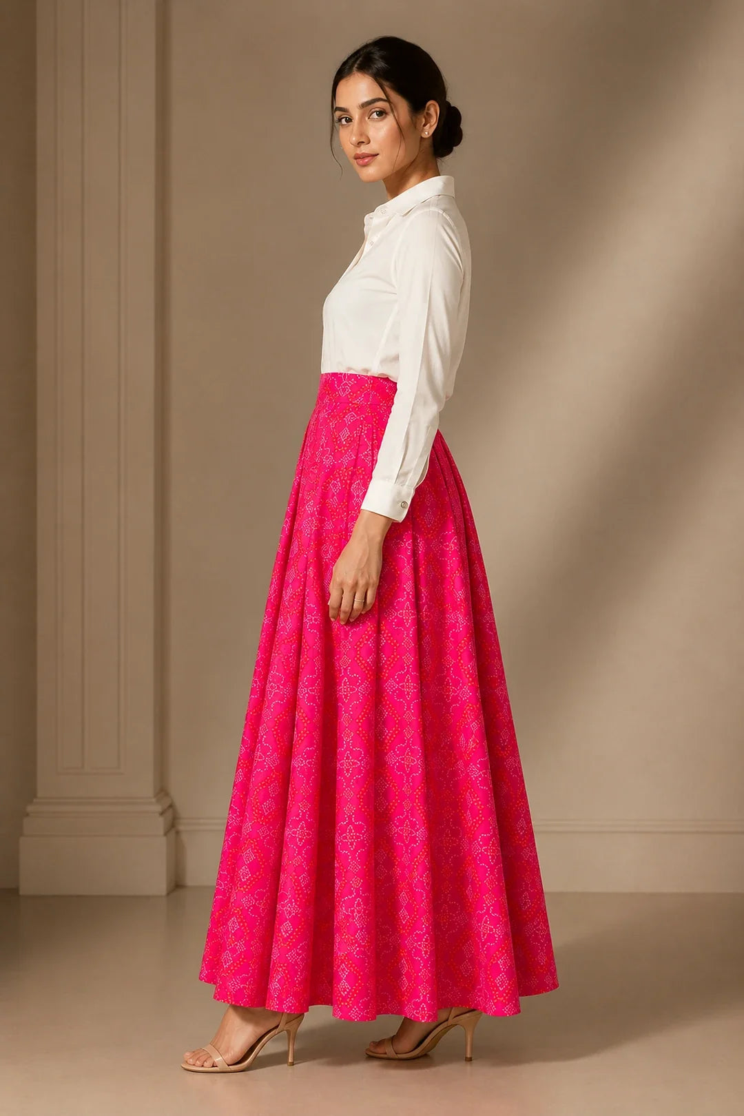 Laasya White Shirt & Printed Bandhani Skirt Set