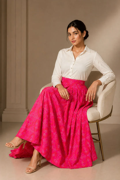 Laasya White Shirt & Printed Bandhani Skirt Set