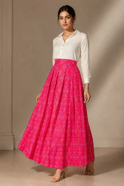 Laasya White Shirt & Printed Bandhani Skirt Set