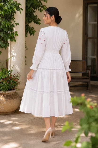 Radiant Meadows Off-White Cotton Kantha Tiered Dress