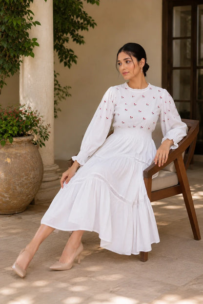 Radiant Meadows Off-White Cotton Kantha Tiered Dress