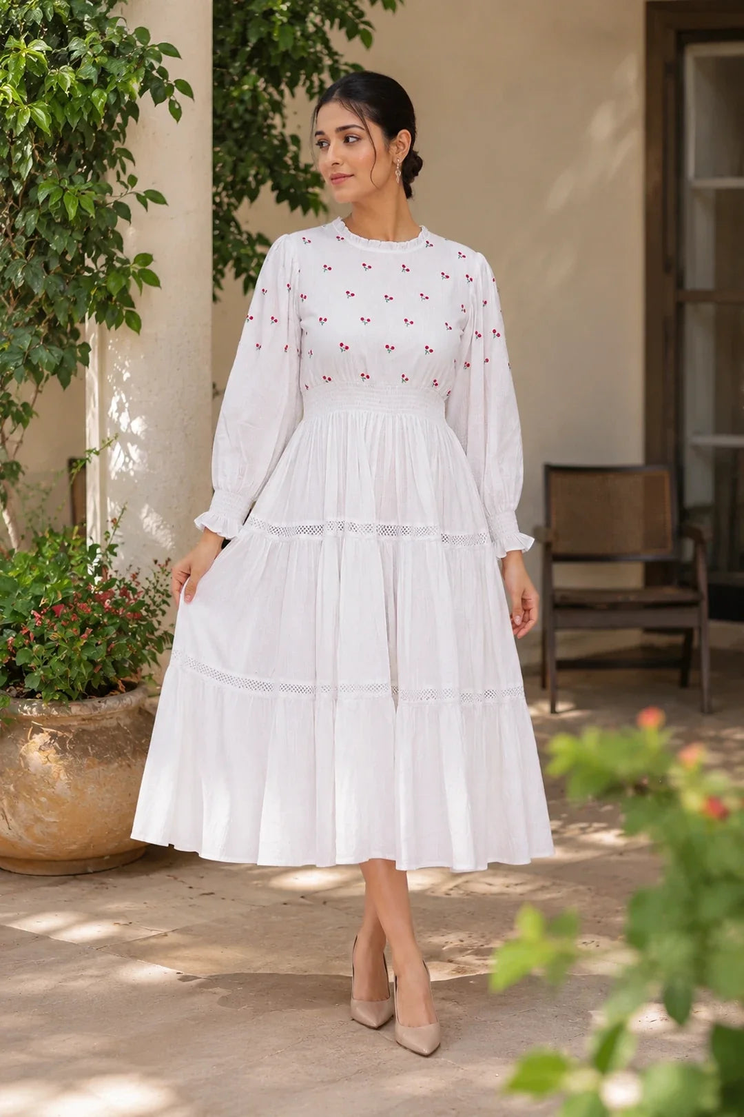 Radiant Meadows Off-White Cotton Kantha Tiered Dress