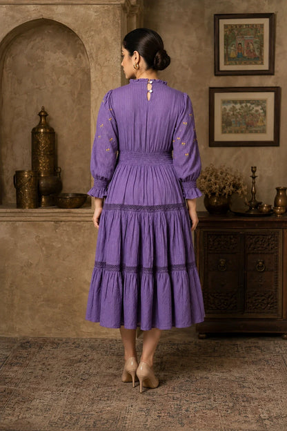 Radiant Meadows Purple Cotton Kantha Tiered Dress